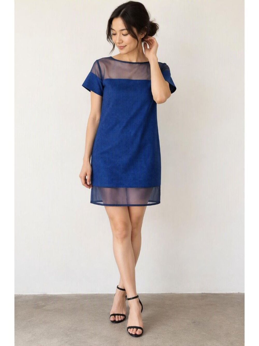 SACAI Luck Houndstooth Organza Panel Dress in Blue Avant Garde Minimalist
